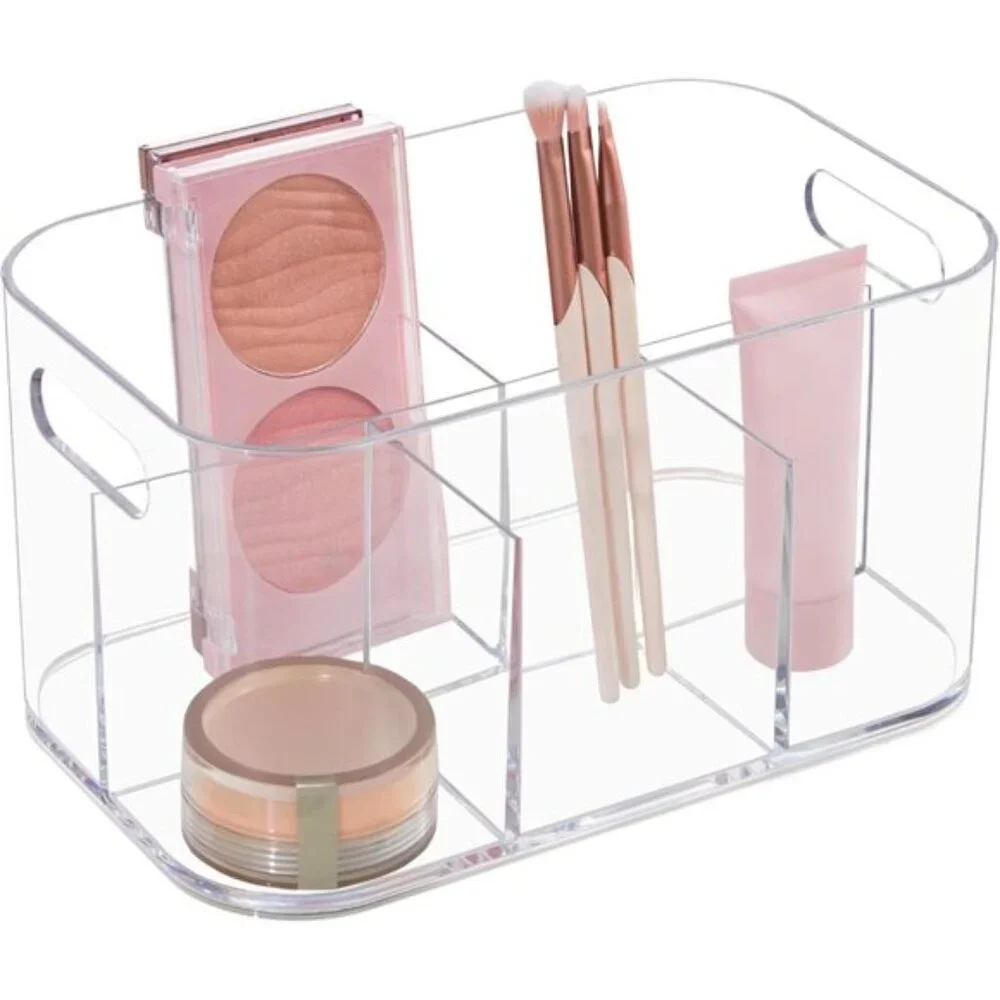 Bliss 5-Compartment Clear Makeup Organizer Bin with Handles for Vanity & Bath